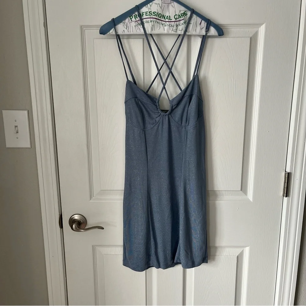NWOT Lulus Fantastic Figure Shiny Light Blue Tie-Back Bodycon Mini Dress size L - Picture 2 of 7